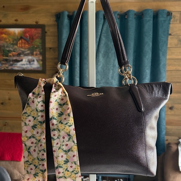 Coach Handbags - Coach Glittery Brown Leather Tote with Floral Scarf